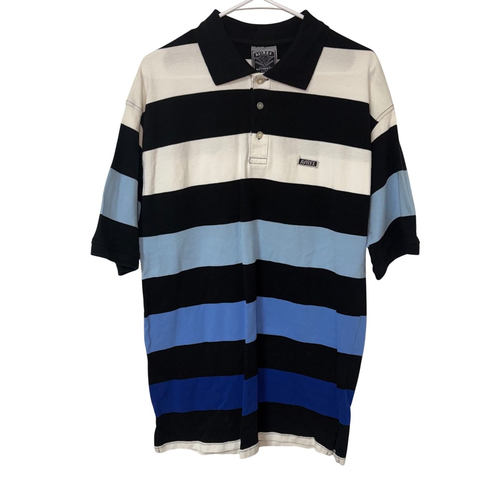 Avirex Mens XL Blue Black White‎ Striped 100% Cotton Polo Shirt Streetwear y2k